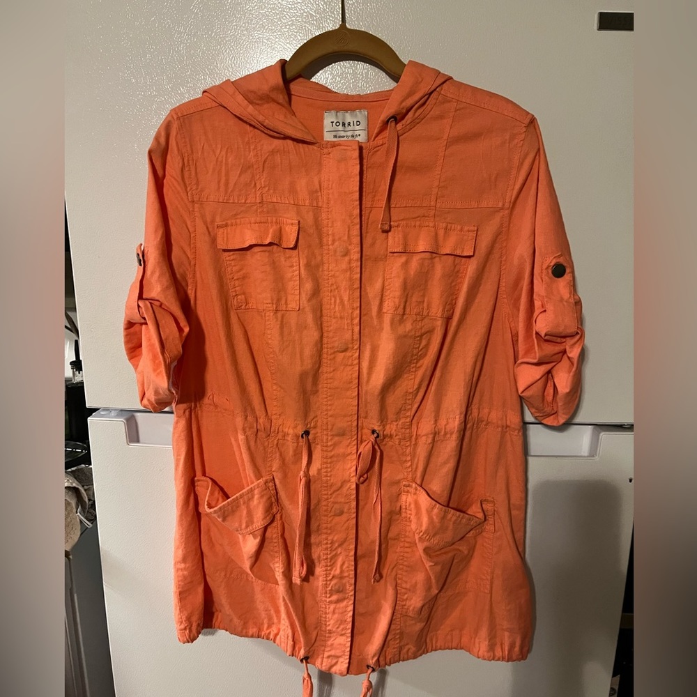 Torrid Jacket Womens Size 0 Salmon Orange Linen Button Up Beachy‎ light hooded